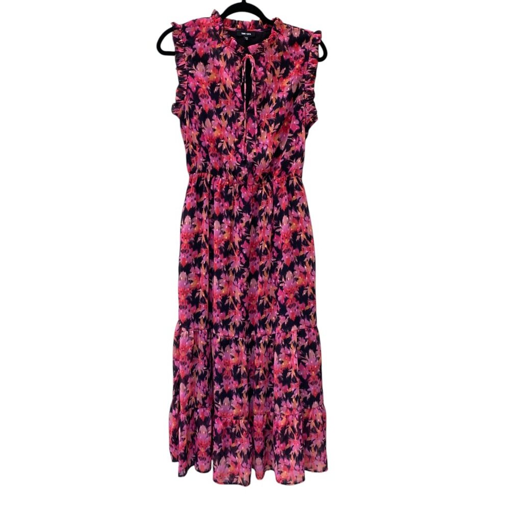 Saint + Sophia Floral Tiered Midi Dress Pink Black Sleeveless Pockets Feminine-6 - Picture 1 of 14